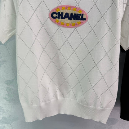 25SS Lingge hollow embroidery bead knitted round neck short sleeved shirt