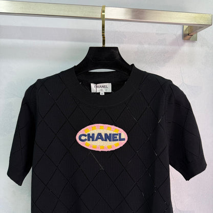 25SS Lingge hollow embroidery bead knitted round neck short sleeved shirt