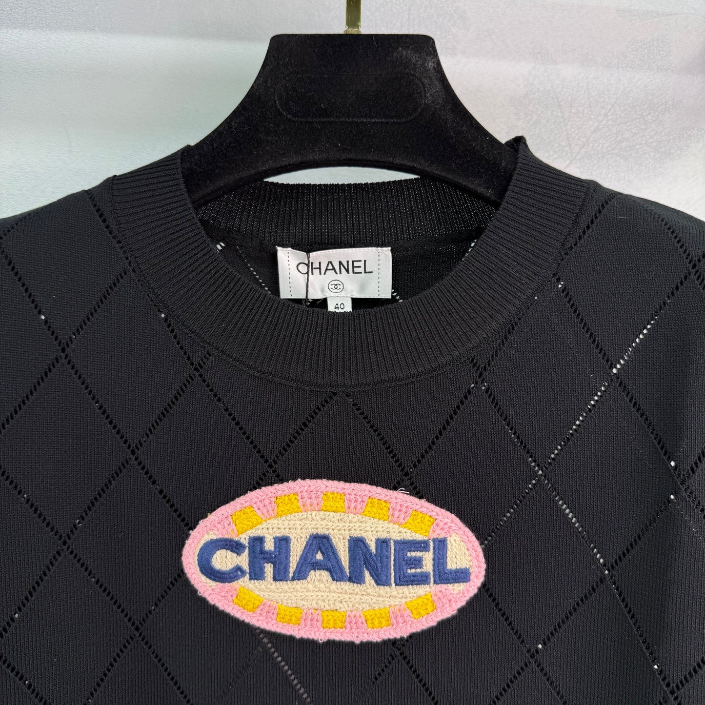 25SS Lingge hollow embroidery bead knitted round neck short sleeved shirt
