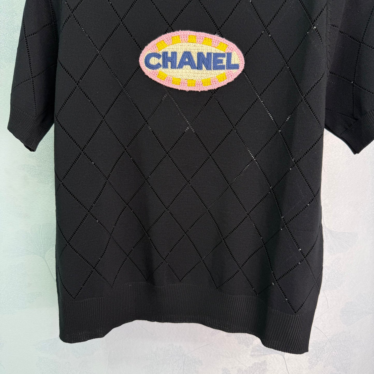 25SS Lingge hollow embroidery bead knitted round neck short sleeved shirt