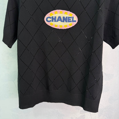25SS Lingge hollow embroidery bead knitted round neck short sleeved shirt