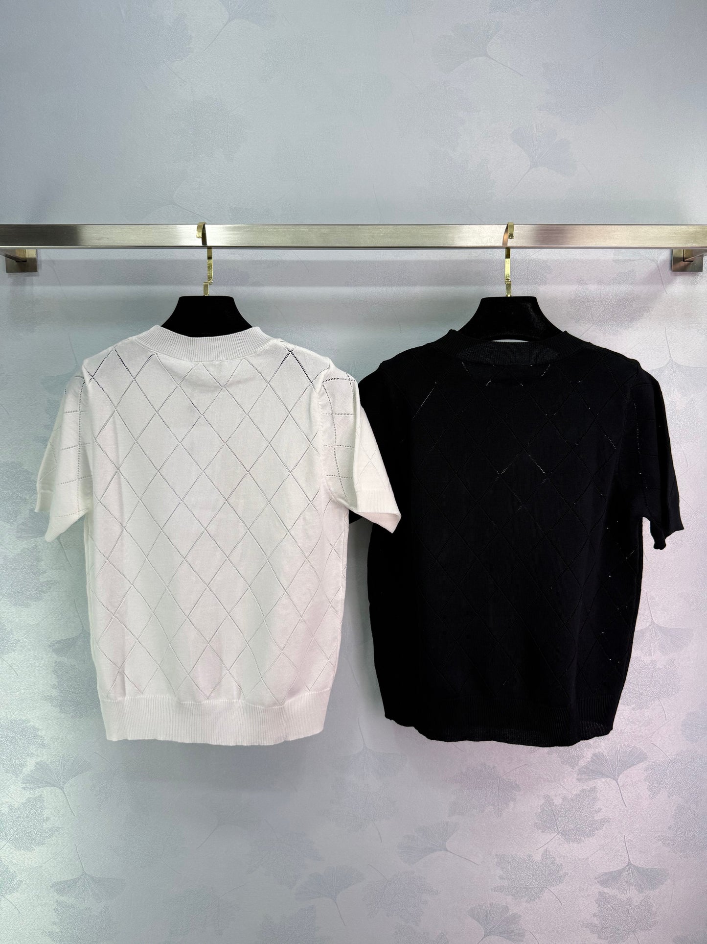 25SS Lingge hollow embroidery bead knitted round neck short sleeved shirt