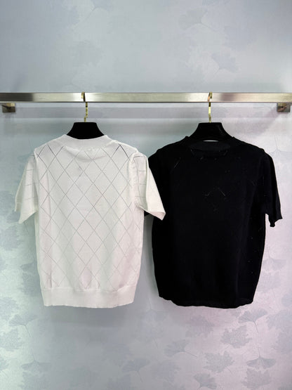 25SS Lingge hollow embroidery bead knitted round neck short sleeved shirt
