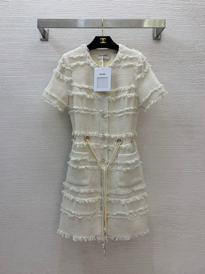 25SS Pearl flower buckle waist drawstring cinching design buckle open collar short sleeved dress