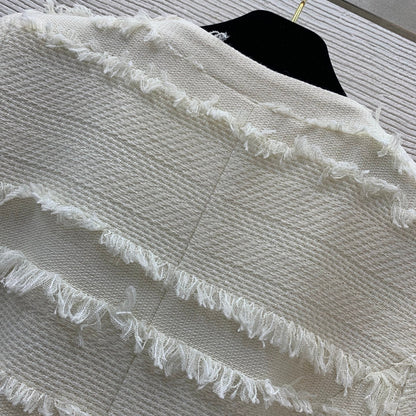 25SS Pearl flower buckle waist drawstring cinching design buckle open collar short sleeved dress