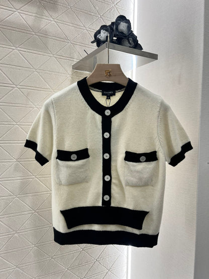 25SS Color blocking knitted short sleeved cardigan