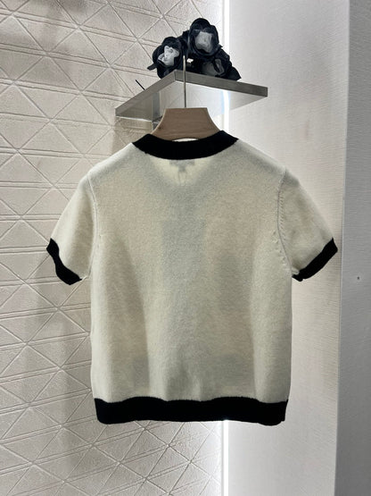 25SS Color blocking knitted short sleeved cardigan