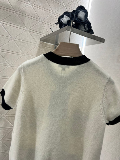 25SS Color blocking knitted short sleeved cardigan