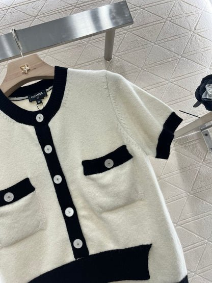 25SS Color blocking knitted short sleeved cardigan