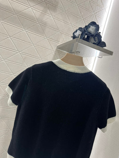 25SS Color blocking knitted short sleeved cardigan