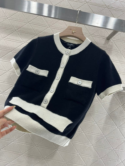 25SS Color blocking knitted short sleeved cardigan