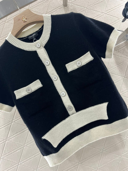 25SS Color blocking knitted short sleeved cardigan