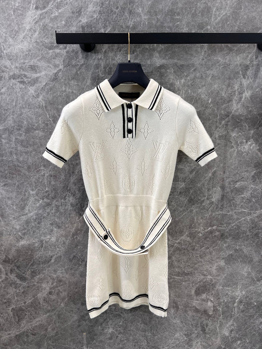 25SS Floral college style knitted polo collar short sleeved dress