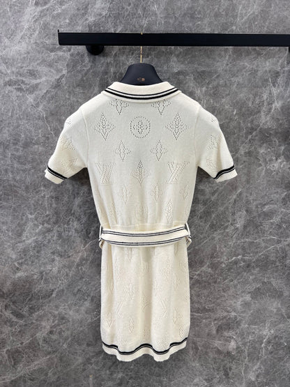 25SS Floral college style knitted polo collar short sleeved dress