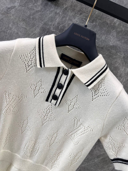 25SS Floral college style knitted polo collar short sleeved dress