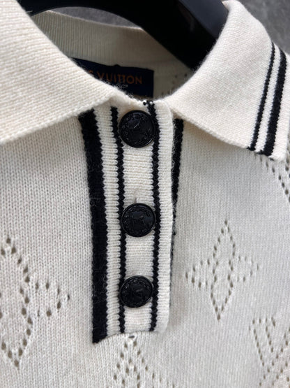 25SS Floral college style knitted polo collar short sleeved dress
