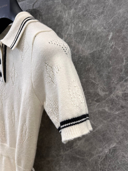 25SS Floral college style knitted polo collar short sleeved dress