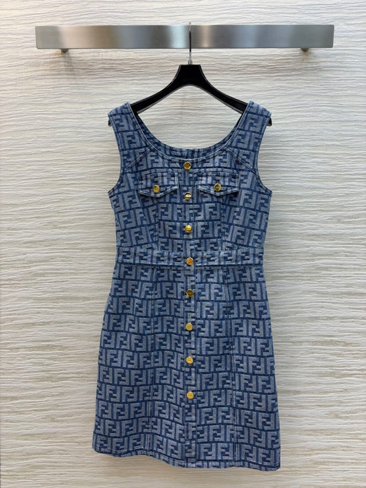 25SS Double F-jacquard sleeveless denim dress