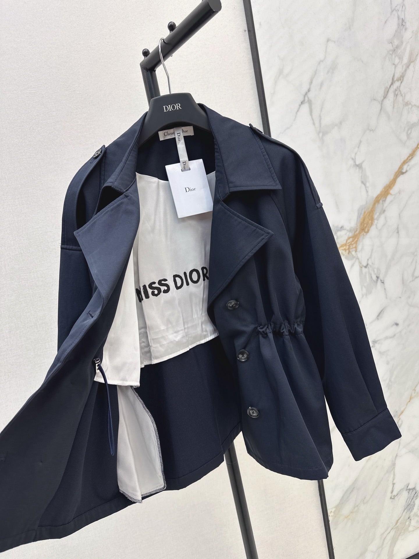 25ss Drawstring waist cinched   length lapel windbreaker jacket