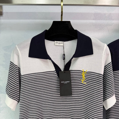 25 Wave striped lapel knit short sleeved shirt