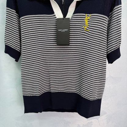 25 Wave striped lapel knit short sleeved shirt