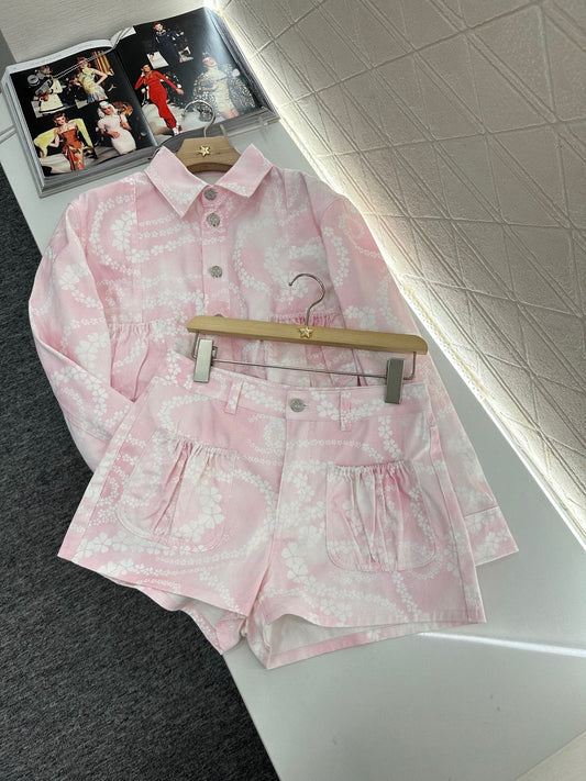 25 Printed Denim Jacket Shorts Set