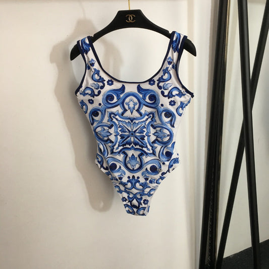 25 new Celadon Print Halter One-piece Swimsuit