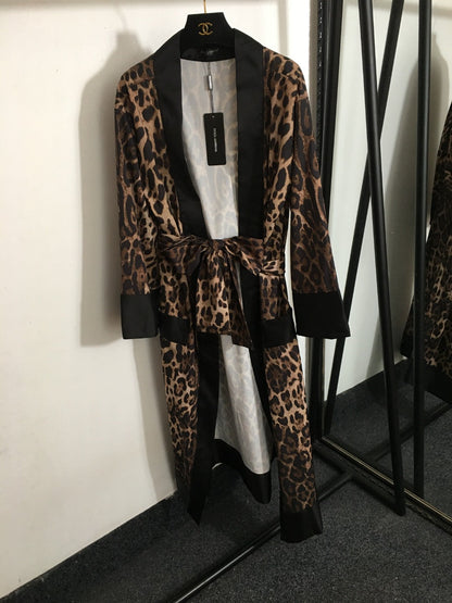 25 new  Leopard Print Black Wrap Tie Waist Long Cardigan Robe Silk Jacket