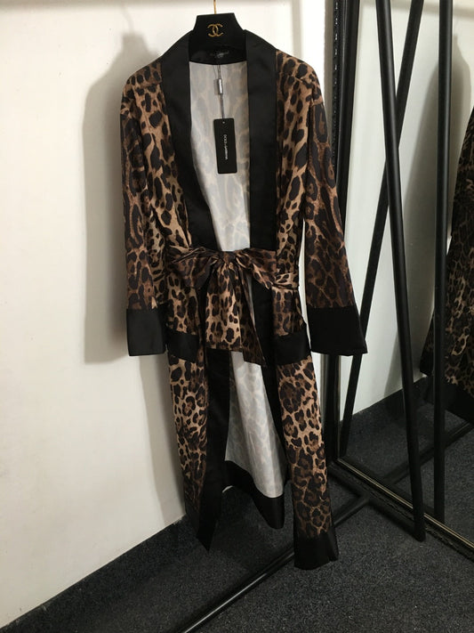25 new  Leopard Print Black Wrap Tie Waist Long Cardigan Robe Silk Jacket