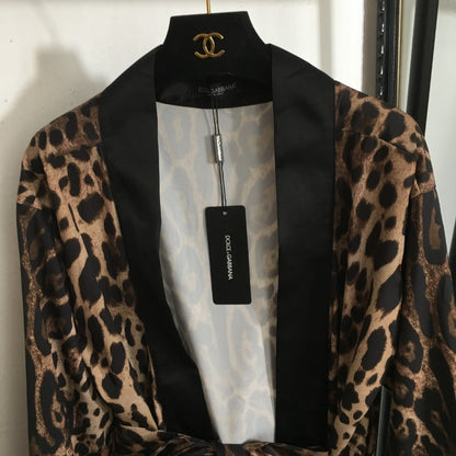 25 new  Leopard Print Black Wrap Tie Waist Long Cardigan Robe Silk Jacket