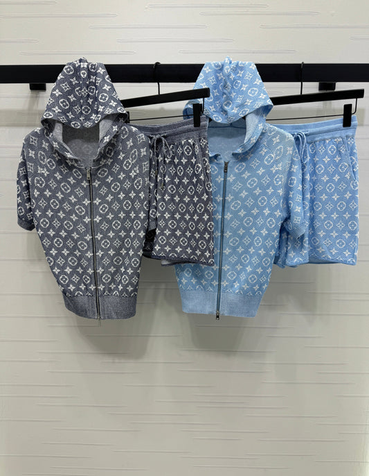 25 Zipper Jacquard Knit Short Sleeve Shorts Set