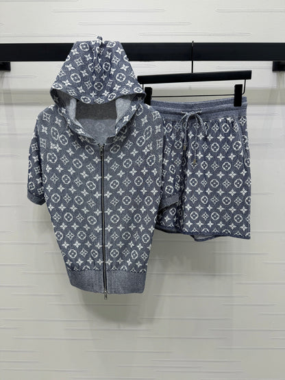25 Zipper Jacquard Knit Short Sleeve Shorts Set