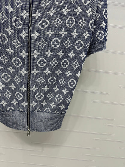25 Zipper Jacquard Knit Short Sleeve Shorts Set