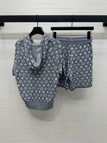 25 Zipper Jacquard Knit Short Sleeve Shorts Set