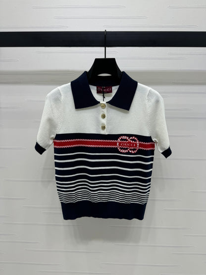 25 Striped lapel knit short sleeve