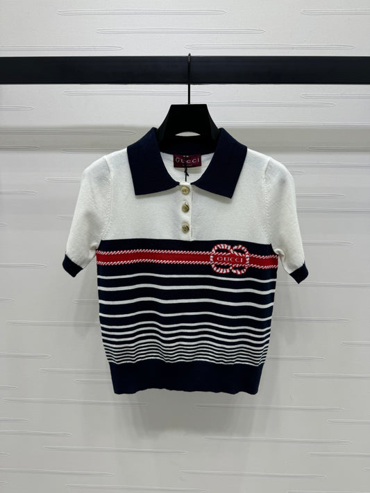 25 Striped lapel knit short sleeve