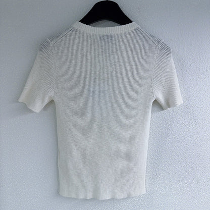 25 Crew neck logo button down short sleeve knit half cardigan