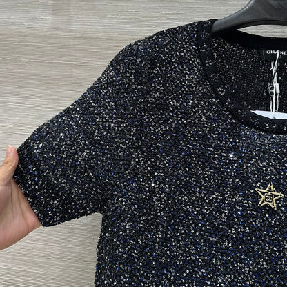25 Starry Crystal Beaded Specialty Yarn Short Sleeve Top