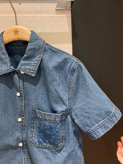 LO 25 Heavy duty embroidered wool logo short sleeve denim jacket