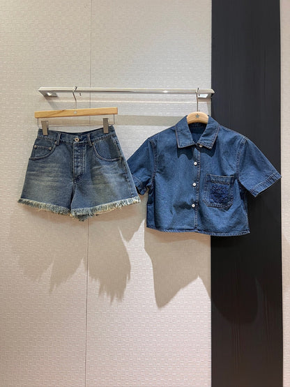 LO 25 Heavy duty embroidered wool logo short sleeve denim jacket