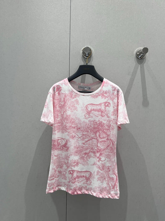 D 25 New Animal Jungle Print Round Neck Short Sleeve T-Shirt(pink green blue)