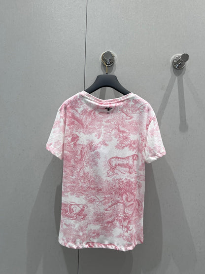 D 25 New Animal Jungle Print Round Neck Short Sleeve T-Shirt(pink green blue)
