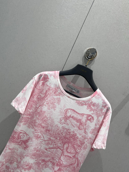 D 25 New Animal Jungle Print Round Neck Short Sleeve T-Shirt(pink green blue)