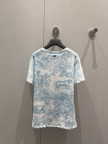 D 25 New Animal Jungle Print Round Neck Short Sleeve T-Shirt(pink green blue)