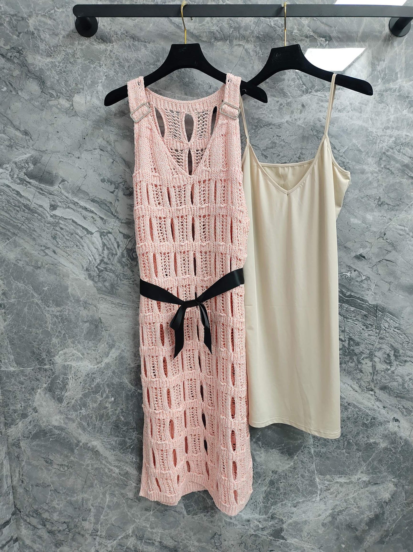 25 light pink knit cutout dress