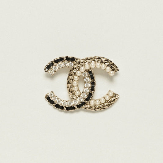 Brooch Gold Metal Crystal Pearl and Leather