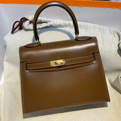 BAG IN CHOCOLATE BROWN SMOOTH CALFSKIN WITH GOLD HARDWARE (MADE - TO - ODER)