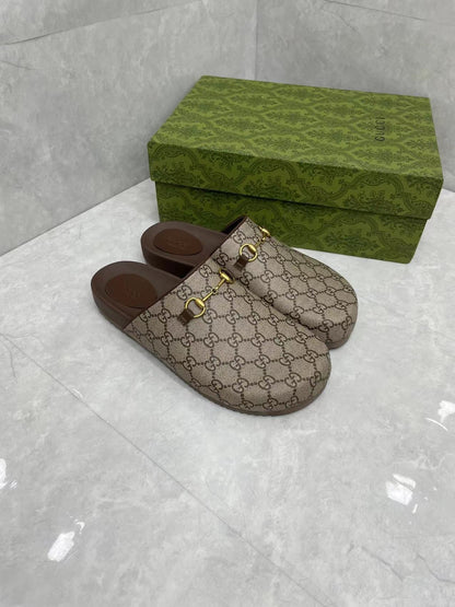Horsebit Slippers Brown Cow Suede Embossed 280132