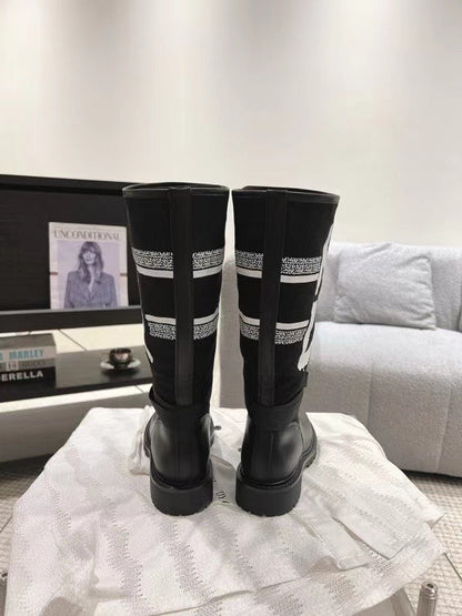 Poster style electric embroidery color block letters logo round toe  calf women's boots