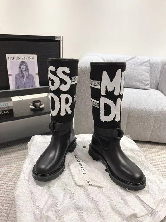 Poster style electric embroidery color block letters logo round toe  calf women's boots